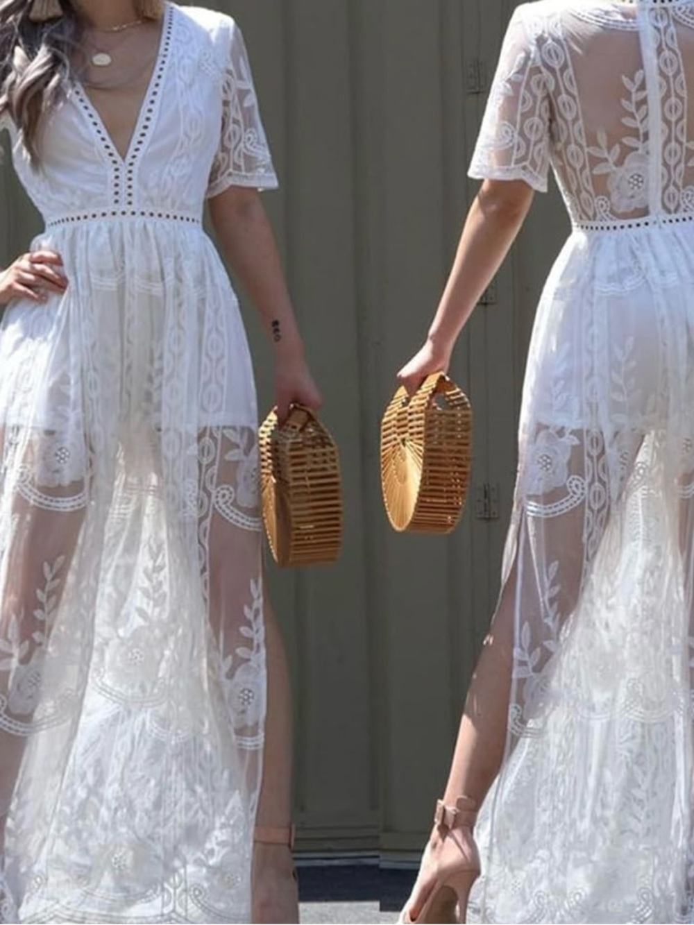 Elegant White Lace Maxi Dress with Deep V-Neck